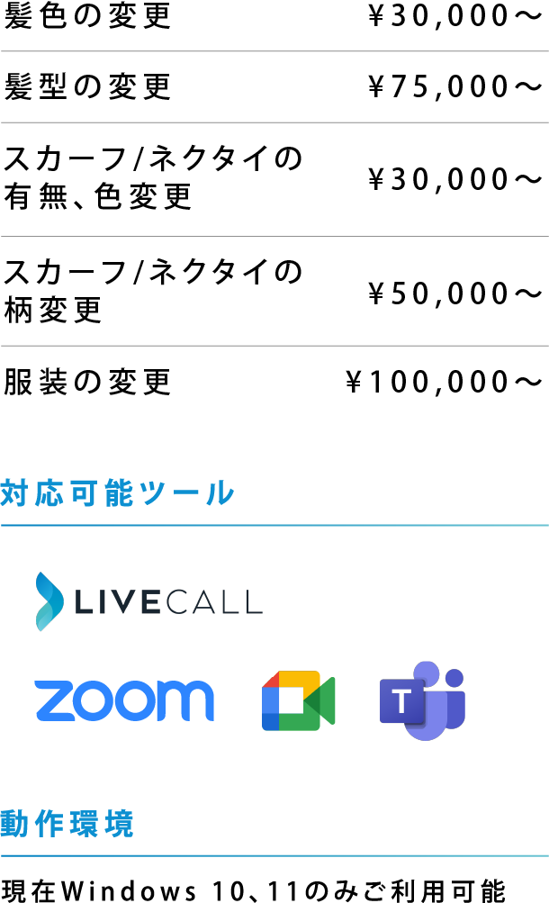 既存アバターをベースに一部のデザインを変更し貴社専用のアバターを制作します。髪型や服装を変更する場合、具体的なお写真やイラストをご共有いただけると助かります。